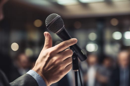 Professional Media interview hand a hold microphone after a press conference.