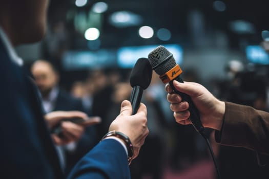 Professional Media interview hand a hold microphone after a press conference.