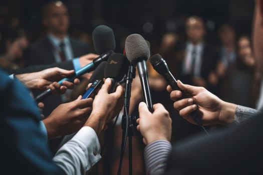 Professional Media interview hand a hold microphone after a press conference.
