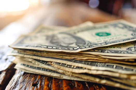 A stack of money, consisting of various banknotes, neatly placed on top of a sturdy wooden table.