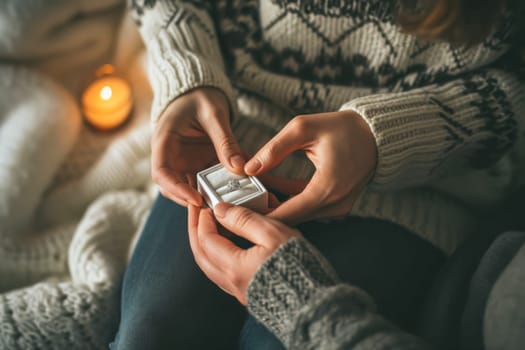 A woman in a knit sweater gently holds a small, elegant gift box in her hands, indicating a moment of giving or receiving a present in a warm, intimate setting.