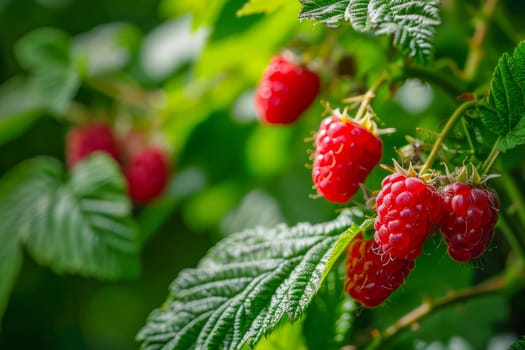 A close-up photograph of ripe raspberries growing on a tree with vibrant green leaves.