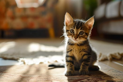 A small kitten is sitting on the floor, peacefully observing its surroundings.
