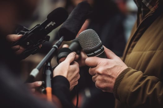 Professional Media interview hand a hold microphone after a press conference.