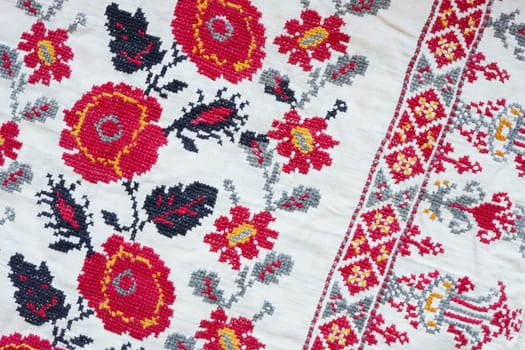 Close up of Ukrainian cultural embroidery with ethnic patterns.