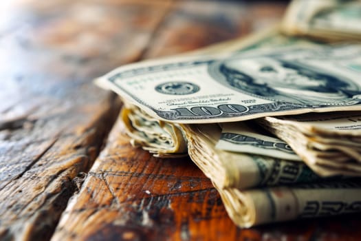 A stack of money neatly arranged on top of a sturdy wooden table.