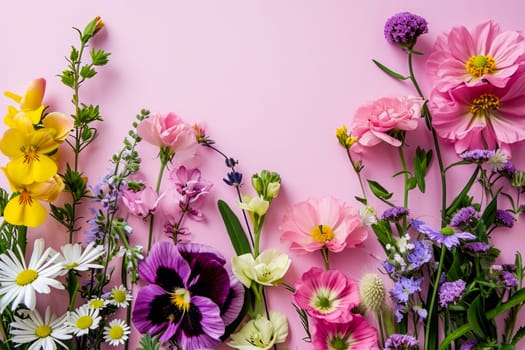 A vibrant collection of various colored flowers displayed against a pink backdrop.