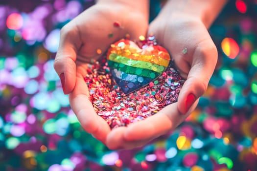 A person holds a vibrant rainbow heart in their hands, showcasing love and acceptance.