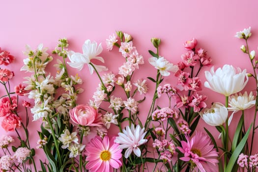 A vibrant assortment of flowers arranged in a bouquet, displayed on a bright pink wall.