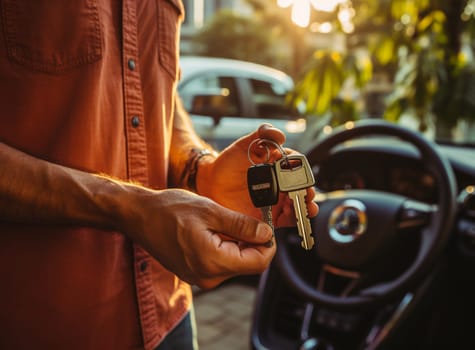Man holding car keys with car on background. High quality photo