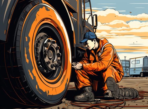 A motivated auto-mechanic in working uniform rolling tire and preparing to change it. High quality photo