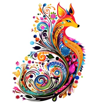 Decorative art style image of fox isolated on white background as a graphic design element for poster, t-shirt print, sticker, logo, etc.