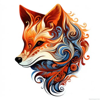 Decorative art style image of fox isolated on white background as a graphic design element for poster, t-shirt print, sticker, logo, etc.