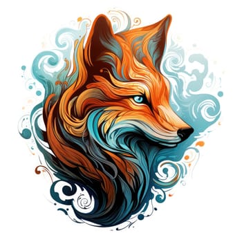 Decorative art style image of fox isolated on white background as a graphic design element for poster, t-shirt print, sticker, logo, etc.