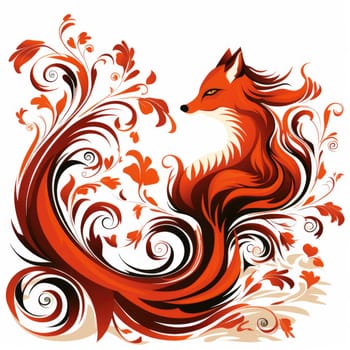 Decorative art style image of fox isolated on white background as a graphic design element for poster, t-shirt print, sticker, logo, etc.