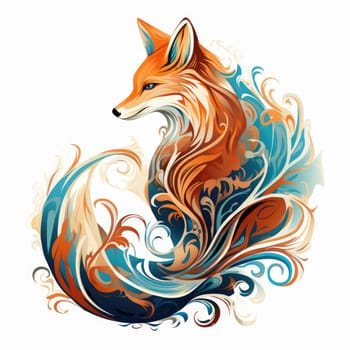 Decorative art style image of fox isolated on white background as a graphic design element for poster, t-shirt print, sticker, logo, etc.