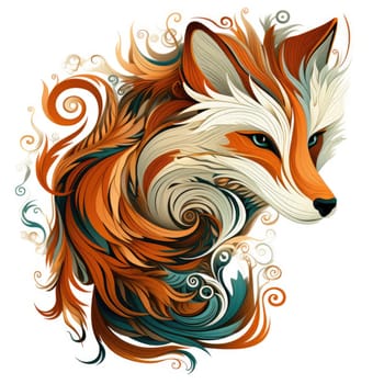 Decorative art style image of fox isolated on white background as a graphic design element for poster, t-shirt print, sticker, logo, etc.