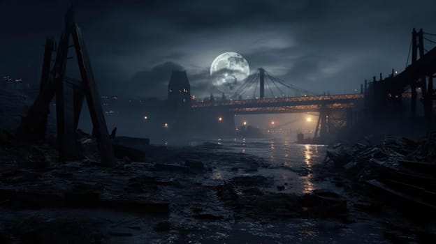 Eerie night scene with full moon over a dilapidated bridge and city ruins