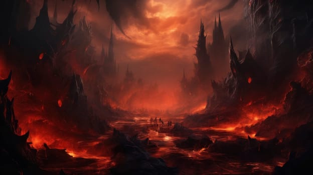 Digital artwork of a dark fantasy landscape, with lava flows and silhouettes of warriors, evoking a dystopian realm.