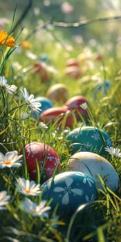 Colorful Easter eggs nestled in the grass, surrounded by fresh spring flowers, capturing the joy of an Easter egg hunt.