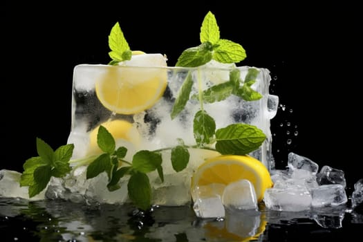 Lemon slices and mint in ice, with fresh leaves and water drops