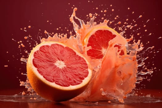 Half grapefruit with juicy splash on a deep red backdrop.