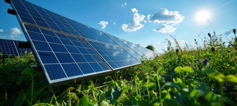 Solar panels set in a lush green field with a clear blue sky and bright sunshine, indicating renewable energy.