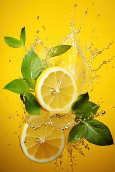 Vibrant yellow lemons with green leaves splashing water on a bright yellow backdrop, exuding freshness and zest.