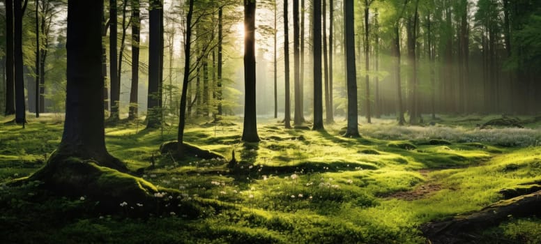 A sunlit forest with beams of light piercing through the canopy, illuminating the lush green moss and delicate white flowers.