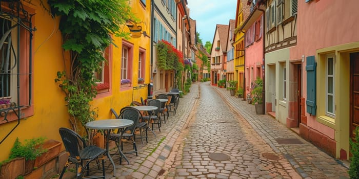 Quaint European street with colorful facades and cobblestones. A picturesque cobblestone street lined with colorful buildings and outdoor cafes in a quaint European town. Resplendent.