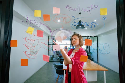 Closeup of attractive smart caucasian businesswoman brainstorms and planing marketing idea by using mind map and colorful sticker on glass board. Creative start up business concept. Immaculate.