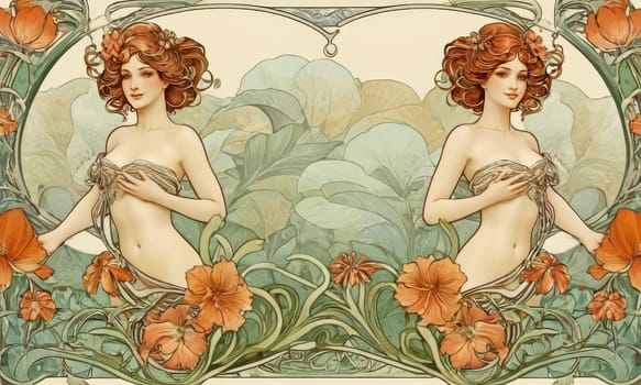 Creative and artistic illustration of figures surrounded by flowers and vines. The image has a symmetrical and balanced composition with contrast between natural and man-made elements.