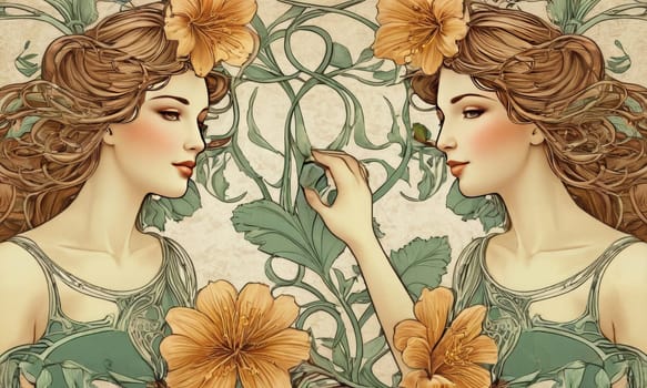 Creative and artistic illustration of figures surrounded by flowers and vines. The image has a symmetrical and balanced composition with contrast between natural and man-made elements.