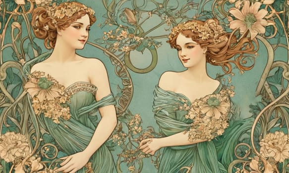 Creative and artistic illustration of figures surrounded by flowers and vines. The image has a symmetrical and balanced composition with contrast between natural and man-made elements.