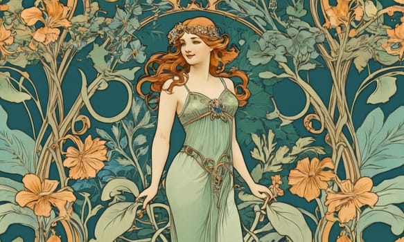 Creative and artistic illustration of figures surrounded by flowers and vines. The image has a symmetrical and balanced composition with contrast between natural and man-made elements.
