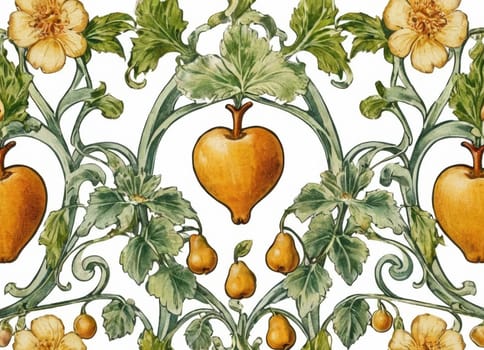 A captivating artwork featuring a symmetrical display of lush green vines intertwined with blooming flowers and hanging fruits. The classical design exudes an aura of natural elegance and vintage charm. Ideal for enhancing the aesthetic appeal of any space.