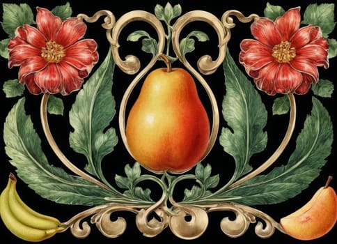 A captivating artwork featuring a symmetrical display of lush green vines intertwined with blooming flowers and hanging fruits. The classical design exudes an aura of natural elegance and vintage charm. Ideal for enhancing the aesthetic appeal of any space.
