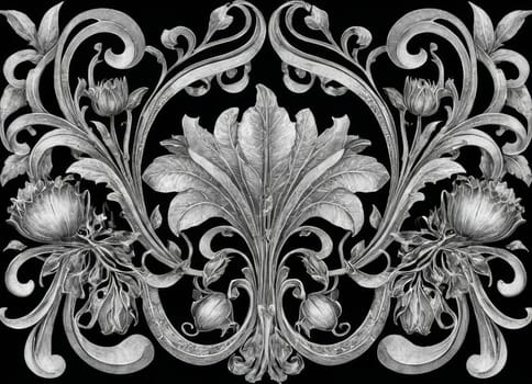 A captivating artwork featuring a symmetrical display of lush green vines intertwined with blooming flowers and hanging fruits. The classical design exudes an aura of natural elegance and vintage charm. Ideal for enhancing the aesthetic appeal of any space.