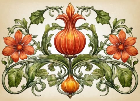 A captivating artwork featuring a symmetrical display of lush green vines intertwined with blooming flowers and hanging fruits. The classical design exudes an aura of natural elegance and vintage charm. Ideal for enhancing the aesthetic appeal of any space.