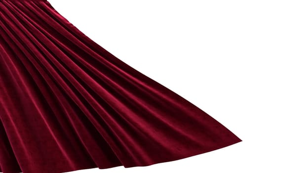 3d render Flying sideways red velvet curtain on white background 4k