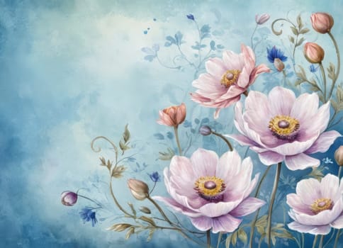 A captivating display of blooming anemones with delicate petals in soft hues against a tranquil blue backdrop. The image evokes a sense of ethereal beauty and serenity. Ideal for conveying themes of nature s elegance and spring s renewal.