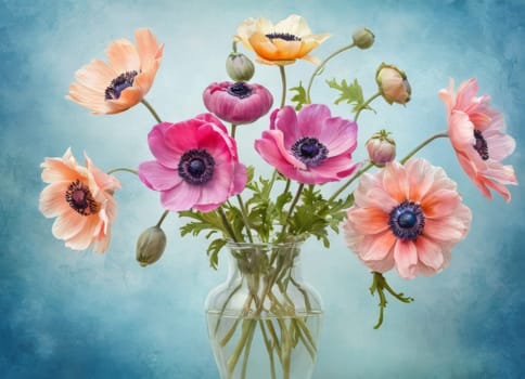 A captivating display of blooming anemones with delicate petals in soft hues against a tranquil blue backdrop. The image evokes a sense of ethereal beauty and serenity. Ideal for conveying themes of nature s elegance and spring s renewal.