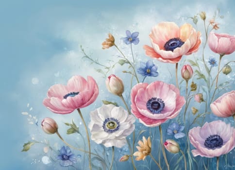A captivating display of blooming anemones with delicate petals in soft hues against a tranquil blue backdrop. The image evokes a sense of ethereal beauty and serenity. Ideal for conveying themes of nature s elegance and spring s renewal.