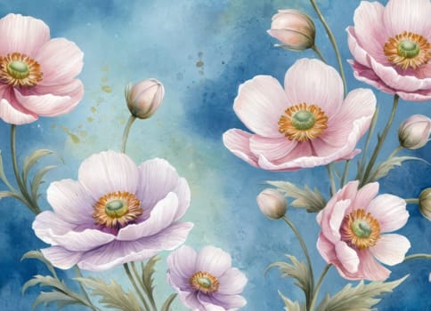 A captivating display of blooming anemones with delicate petals in soft hues against a tranquil blue backdrop. The image evokes a sense of ethereal beauty and serenity. Ideal for conveying themes of nature s elegance and spring s renewal.