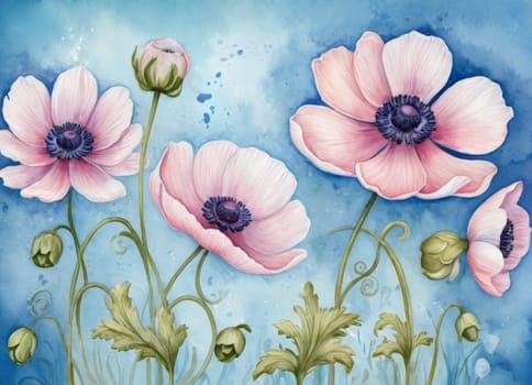 A captivating display of blooming anemones with delicate petals in soft hues against a tranquil blue backdrop. The image evokes a sense of ethereal beauty and serenity. Ideal for conveying themes of nature s elegance and spring s renewal.