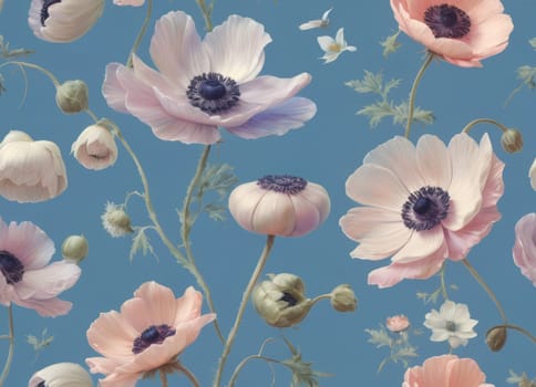 A captivating display of blooming anemones with delicate petals in soft hues against a tranquil blue backdrop. The image evokes a sense of ethereal beauty and serenity. Ideal for conveying themes of nature s elegance and spring s renewal.