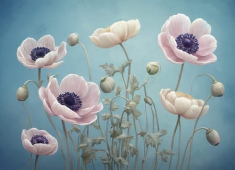 A captivating display of blooming anemones with delicate petals in soft hues against a tranquil blue backdrop. The image evokes a sense of ethereal beauty and serenity. Ideal for conveying themes of nature s elegance and spring s renewal.