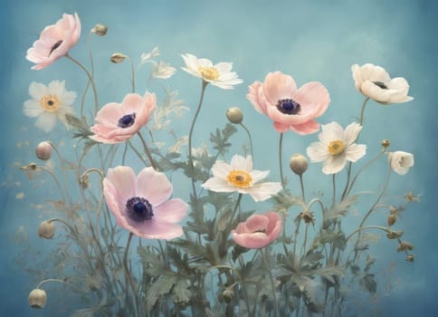 A captivating display of blooming anemones with delicate petals in soft hues against a tranquil blue backdrop. The image evokes a sense of ethereal beauty and serenity. Ideal for conveying themes of nature s elegance and spring s renewal.