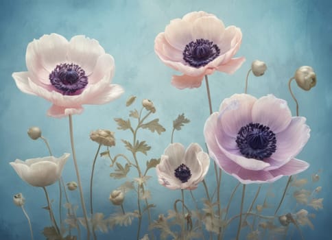 A captivating display of blooming anemones with delicate petals in soft hues against a tranquil blue backdrop. The image evokes a sense of ethereal beauty and serenity. Ideal for conveying themes of nature s elegance and spring s renewal.