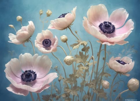 A captivating display of blooming anemones with delicate petals in soft hues against a tranquil blue backdrop. The image evokes a sense of ethereal beauty and serenity. Ideal for conveying themes of nature s elegance and spring s renewal.